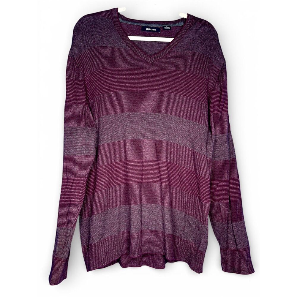 Claiborne Mens Maroon Stripe Cashmere Blend V‎ Neck Sweater Elevated Basic XL